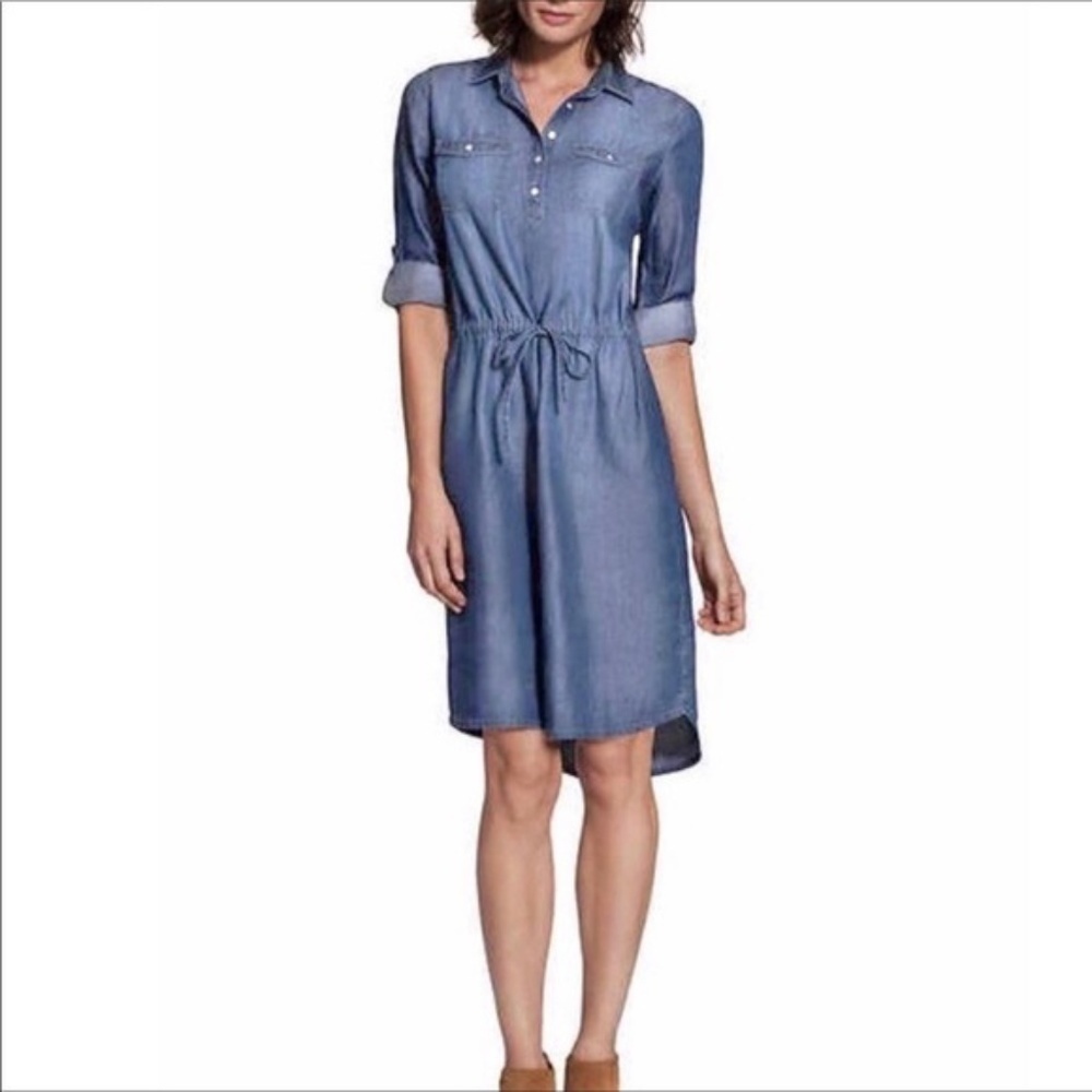 GLORIA VANDERBILT Blue Chambray Roll Tab Sleeve Waist Tie Button Up Dress Medium
